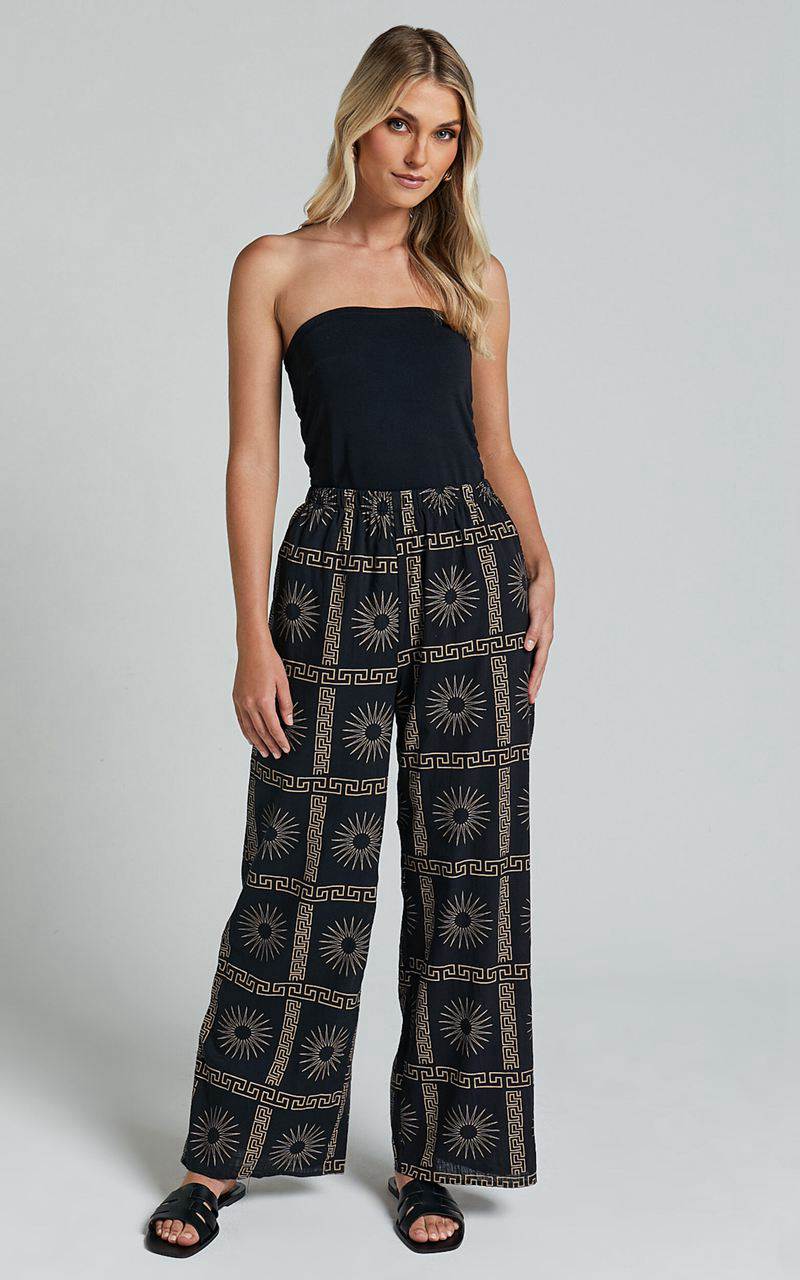 Showpo Cassidy Pant - Elasticated Linen Look Pants Black Sun Print | XUFOJT271