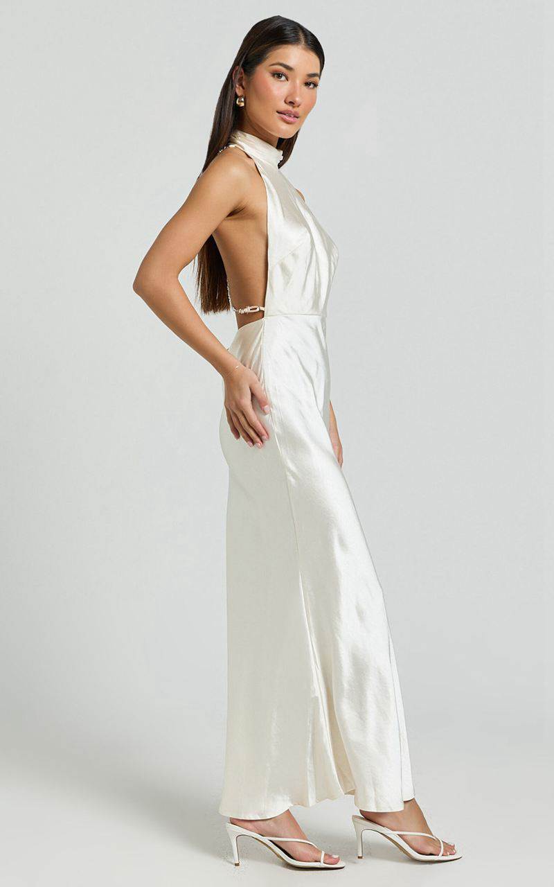 Showpo Cassie Midi Dress - High Neck Sleeveless Backless Slip Dress Champagne | ZWYFMI087