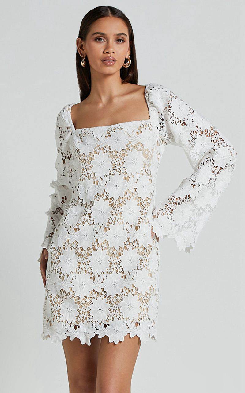 Showpo Cassie Mini Dress - Straight Neck Long Flared Sleeve Tie Back Lace Dress White | JHUYXK027