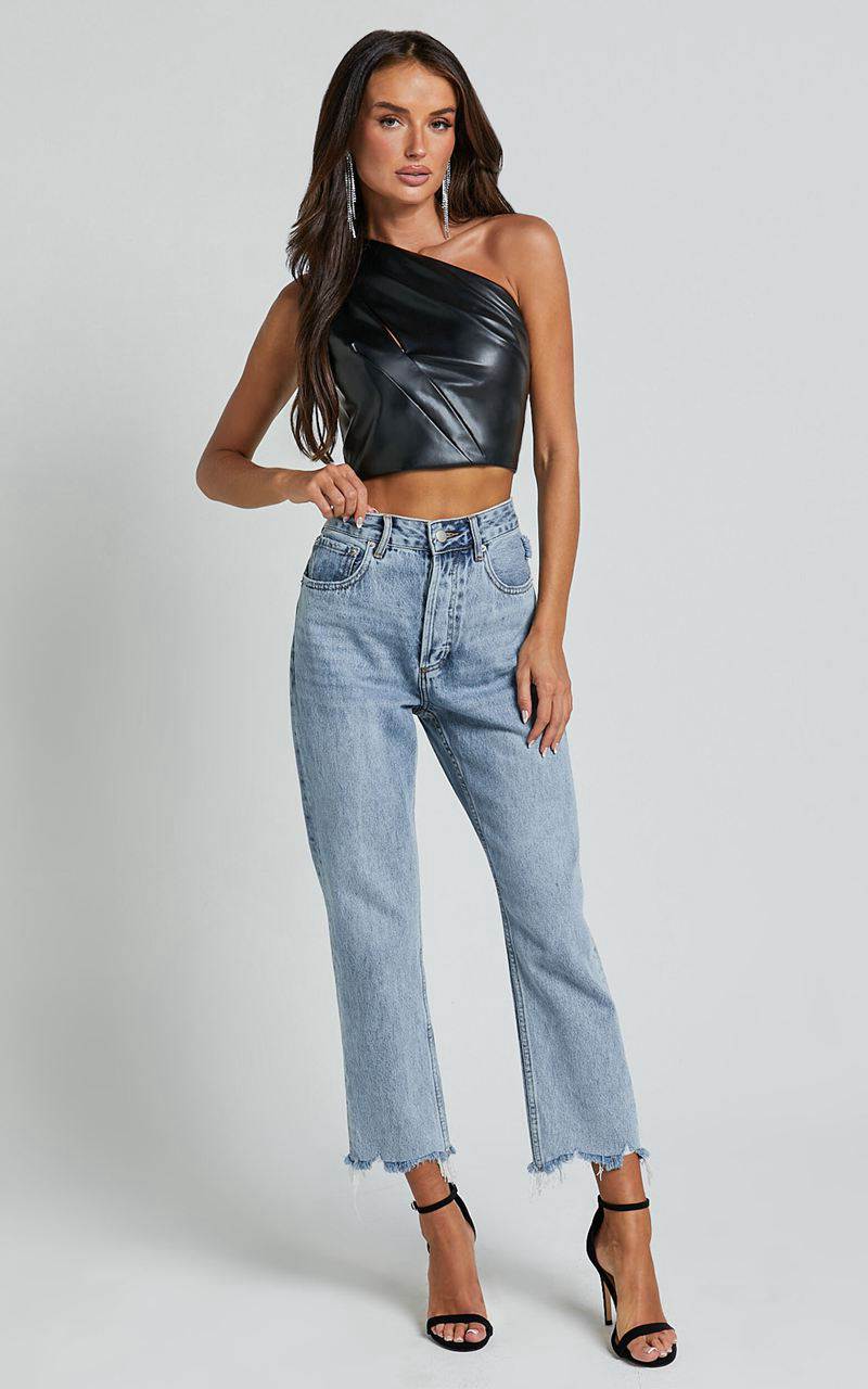 Showpo Catalina Top - Faux Leather One Shoulder Cut Out Crop Top Black | MWLQCS278