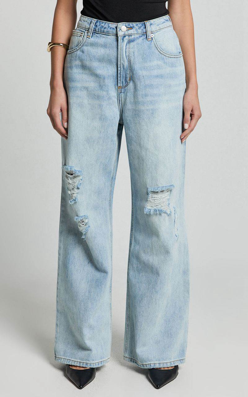 Showpo Cate Jeans - High Waist Ripped Wide Leg Recycled Denim Jeans Light Blue Wash | JYMBUT065