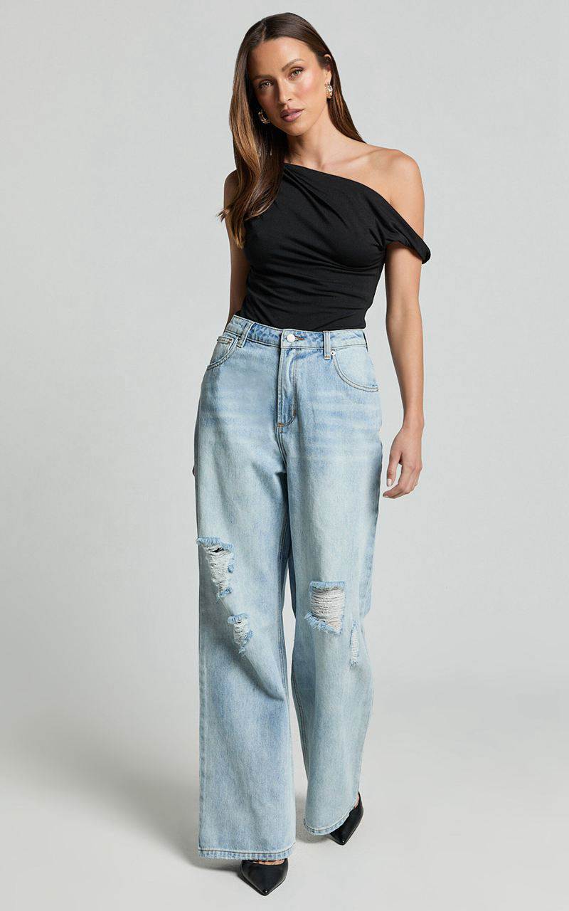 Showpo Cate Jeans - High Waist Ripped Wide Leg Recycled Denim Jeans Light Blue Wash | JYMBUT065