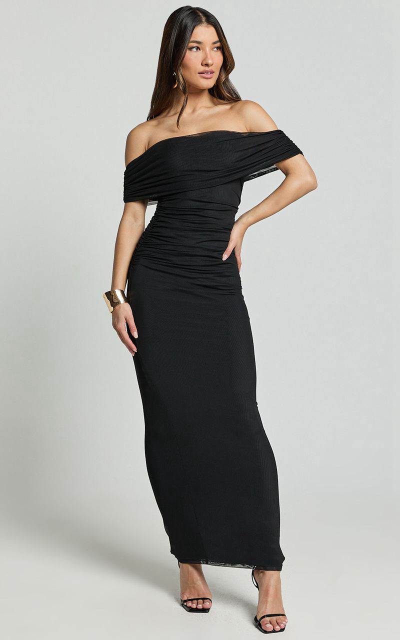 Showpo Caterina Maxi - Ruched Off Shoulder Mesh Dress Black | YQDRUP637