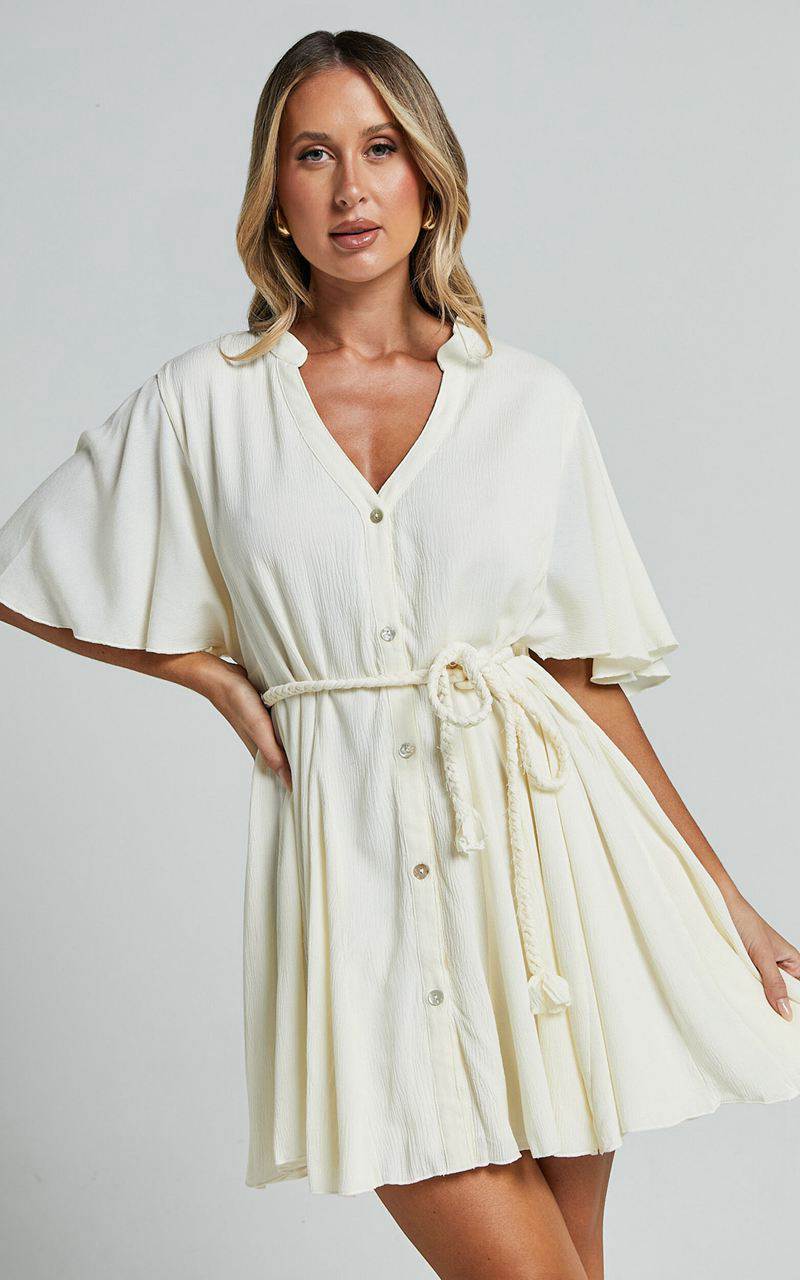 Showpo Cathe Mini Dress - V Neck Button Through Short Flutter Sleeve Tie Waist Off White | OYZGKJ896