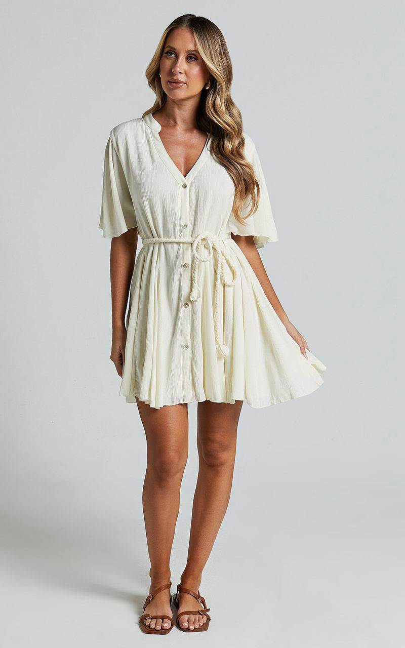 Showpo Cathe Mini Dress - V Neck Button Through Short Flutter Sleeve Tie Waist Off White | OYZGKJ896