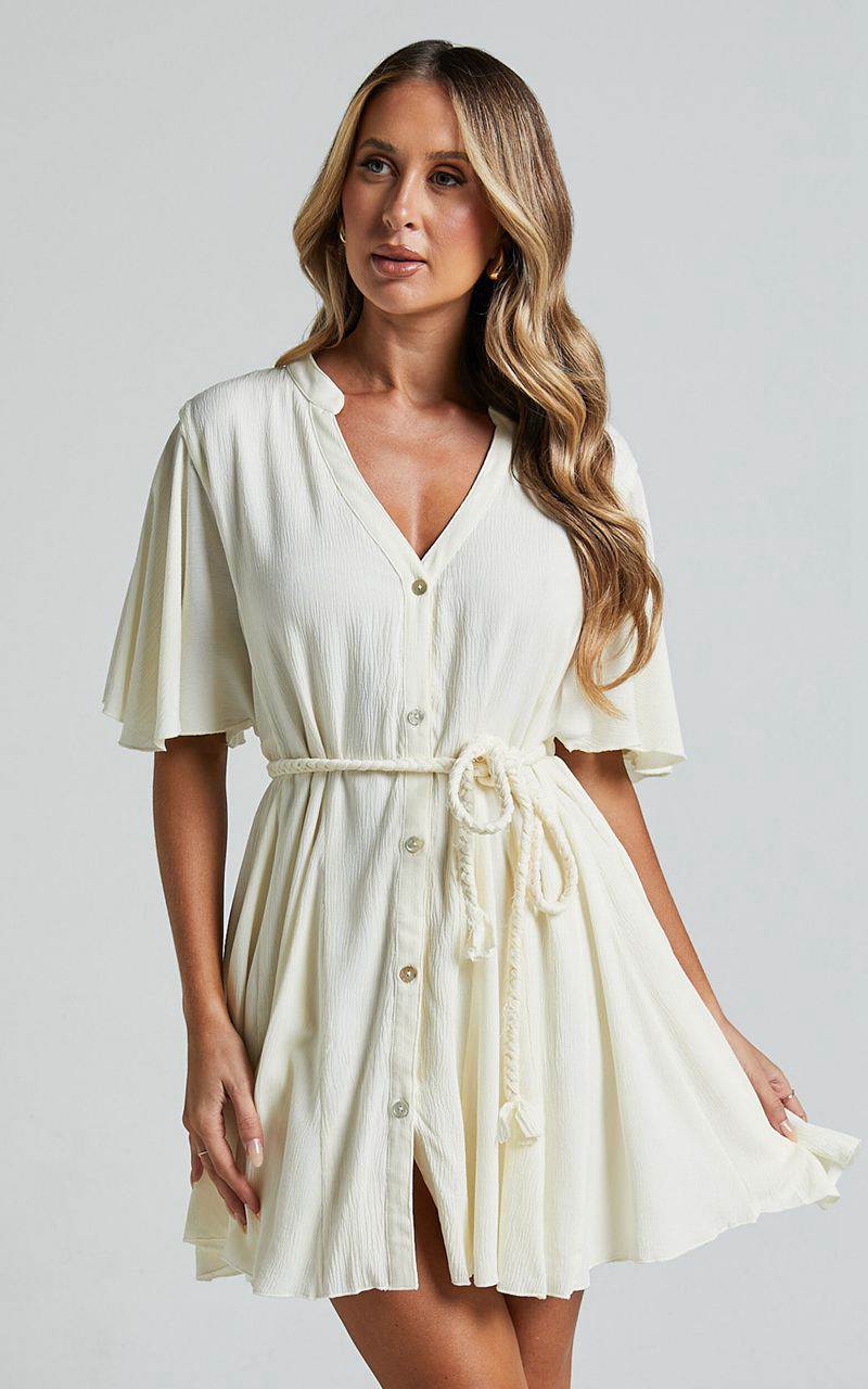 Showpo Cathe Mini Dress - V Neck Button Through Short Flutter Sleeve Tie Waist Off White | OYZGKJ896