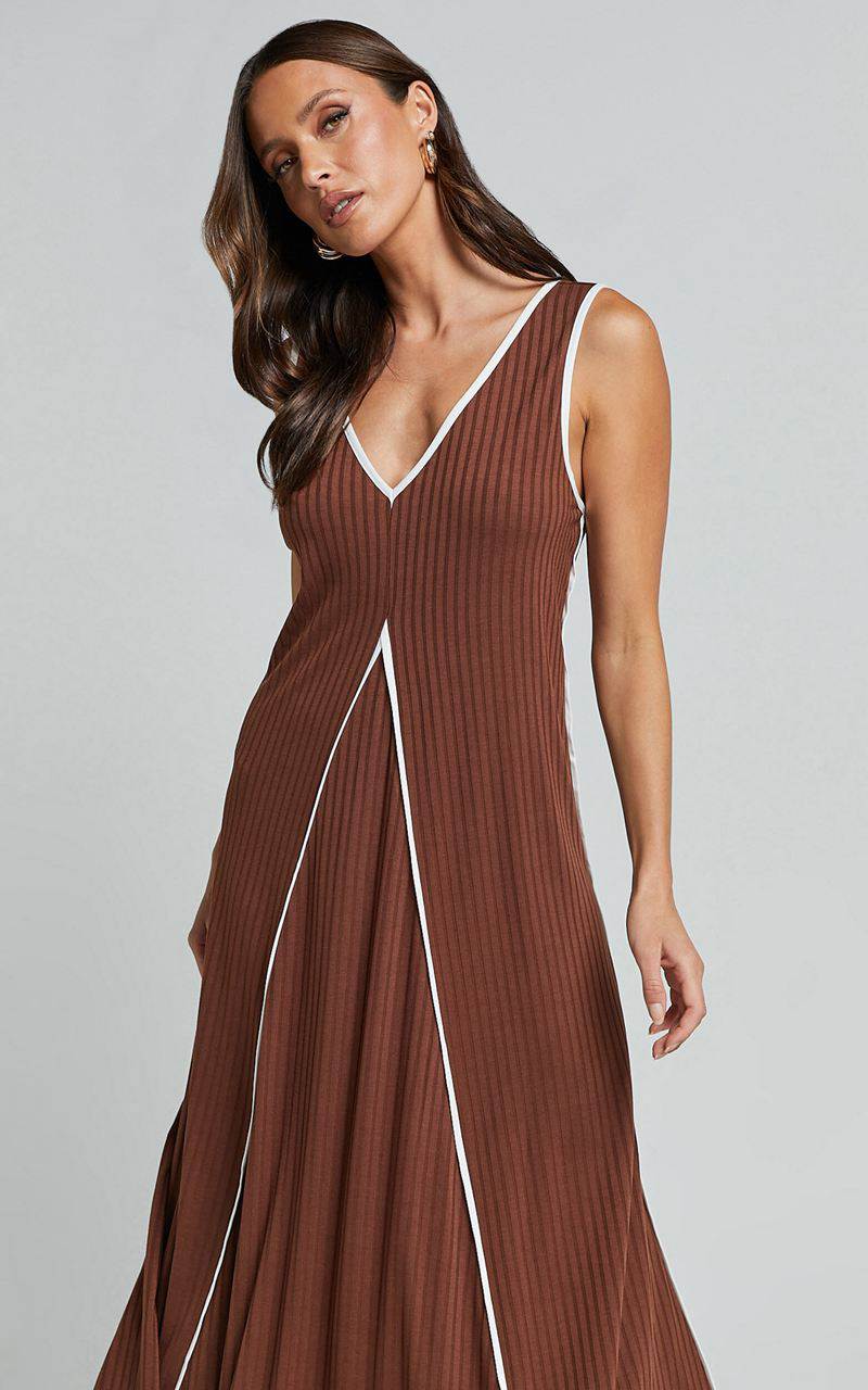 Showpo Cathleen Midi Dress - Ribbed Sleeveless Low Back Dress Chocolate With White Contrast | GCAVNT762