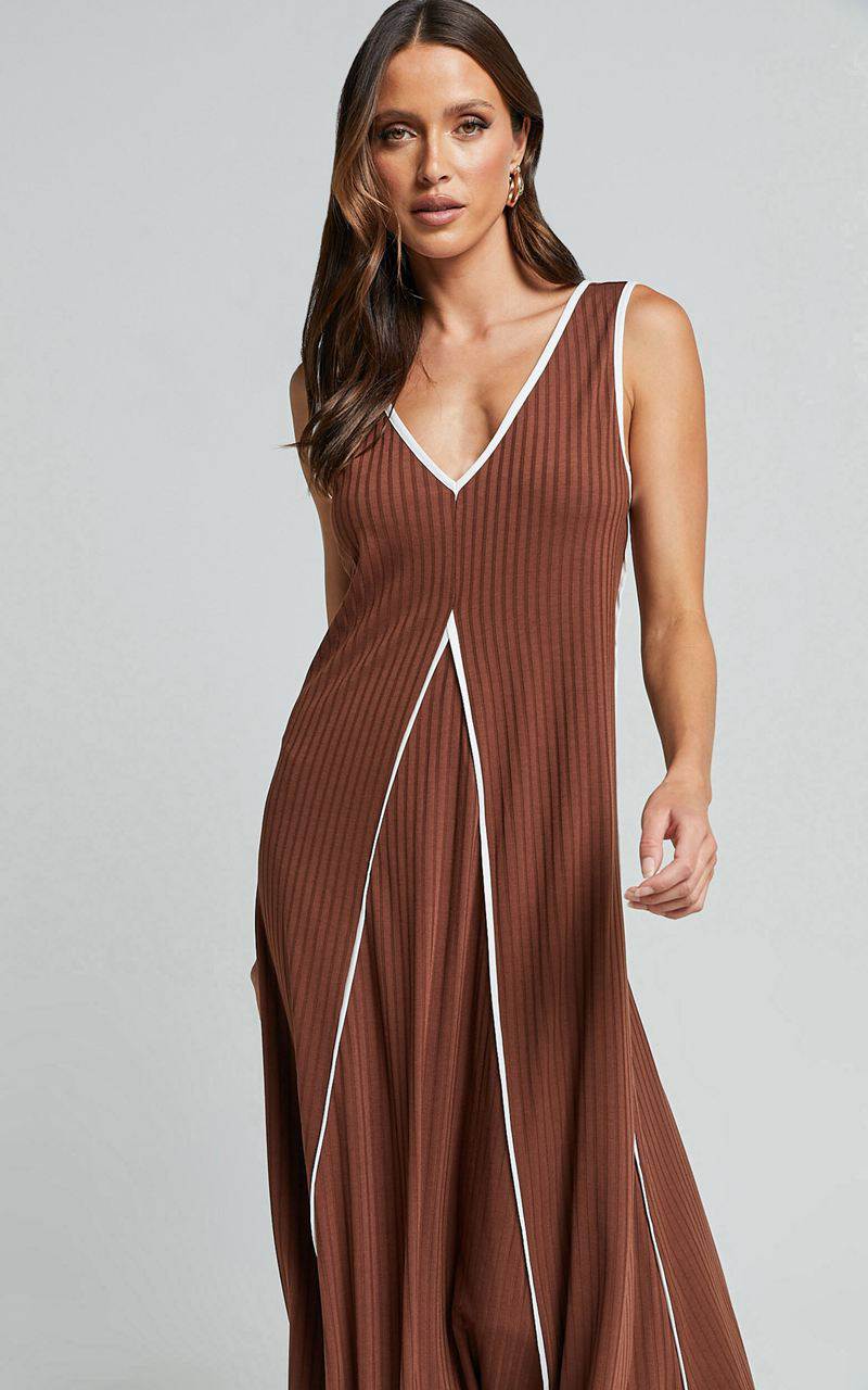 Showpo Cathleen Midi Dress - Ribbed Sleeveless Low Back Dress Chocolate With White Contrast | GCAVNT762