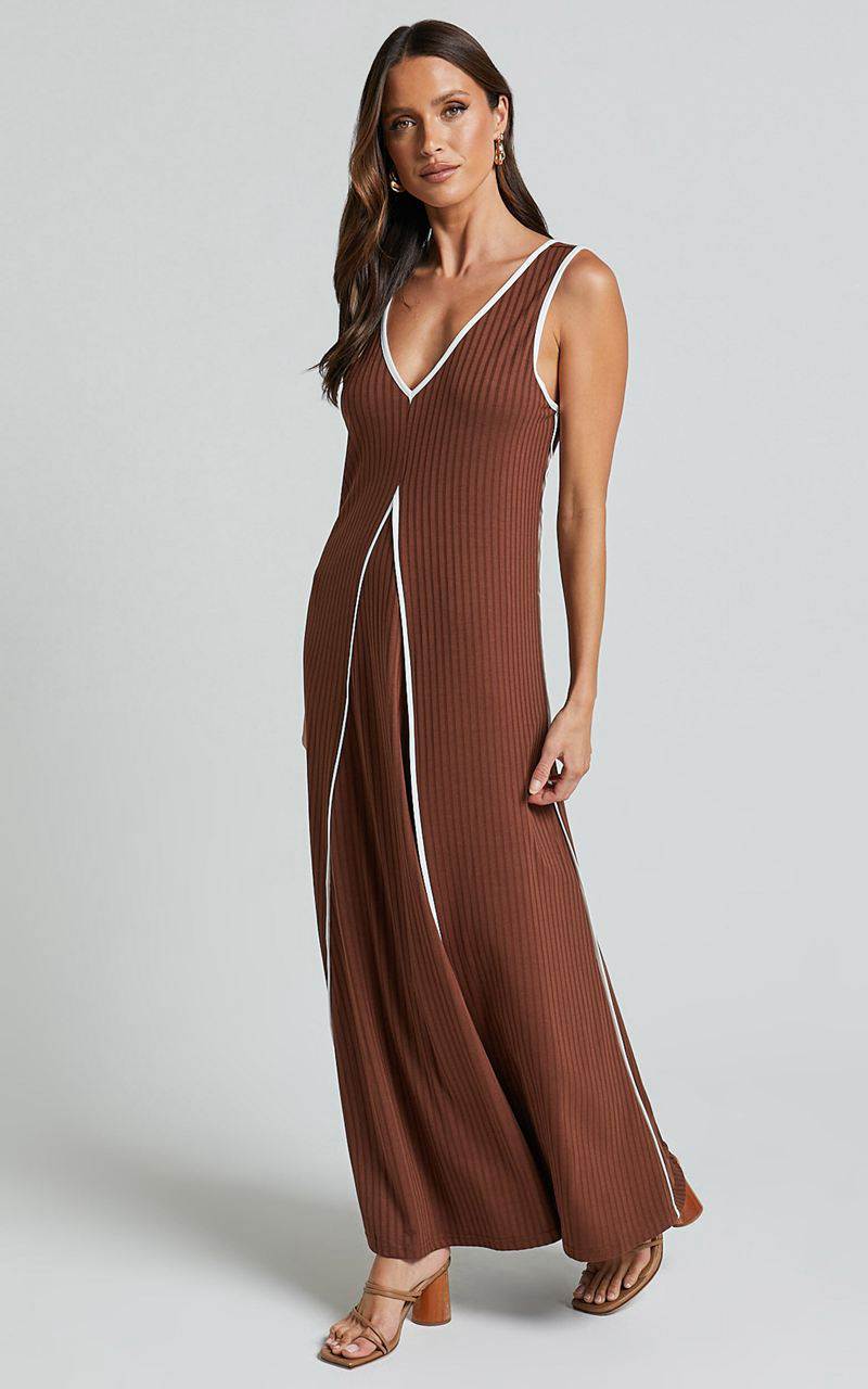 Showpo Cathleen Midi Dress - Ribbed Sleeveless Low Back Dress Chocolate With White Contrast | GCAVNT762