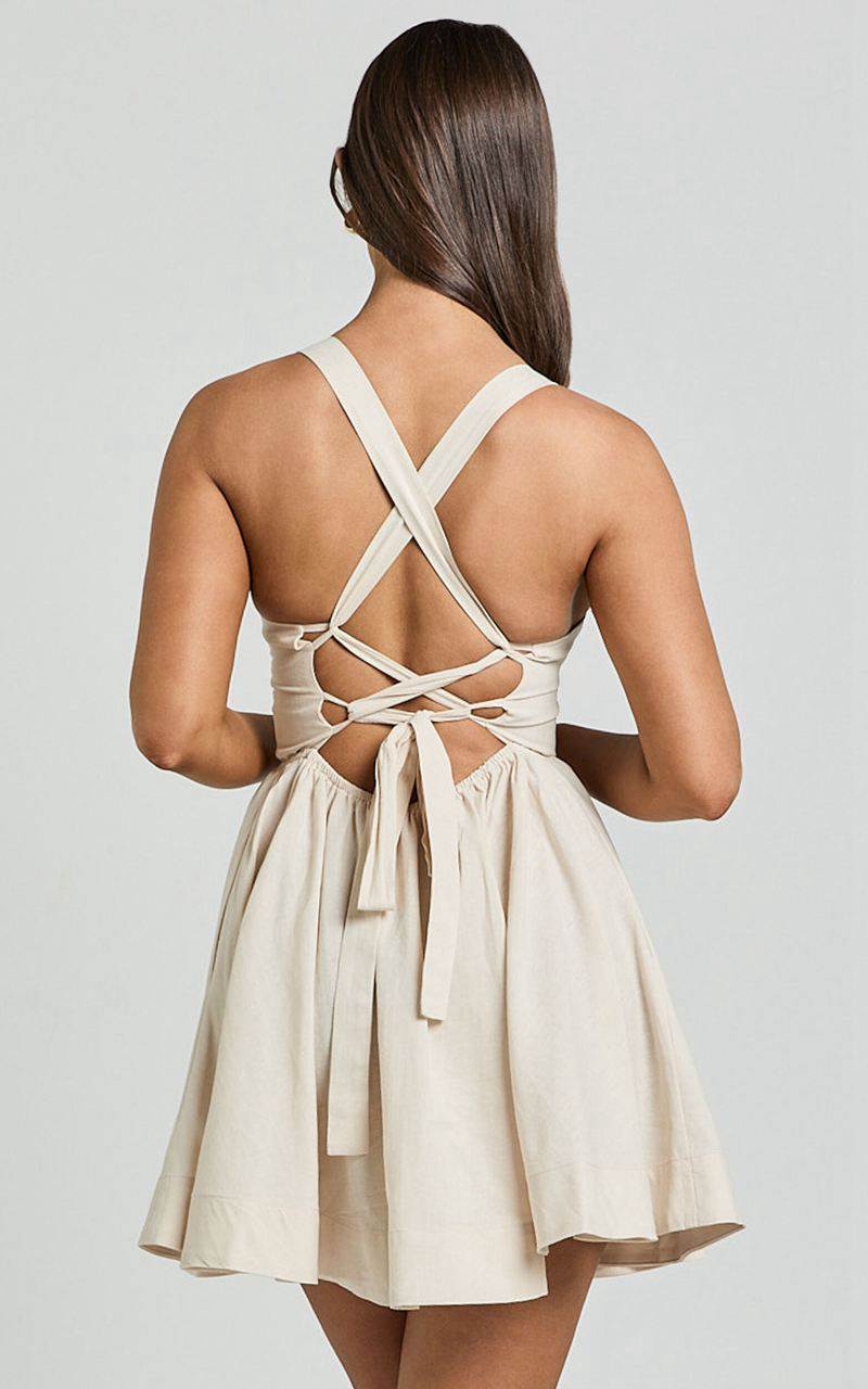 Showpo Cathryn Mini Dress - Cross Back Bustier Linen Blend Dress Stone | CIDSPW236