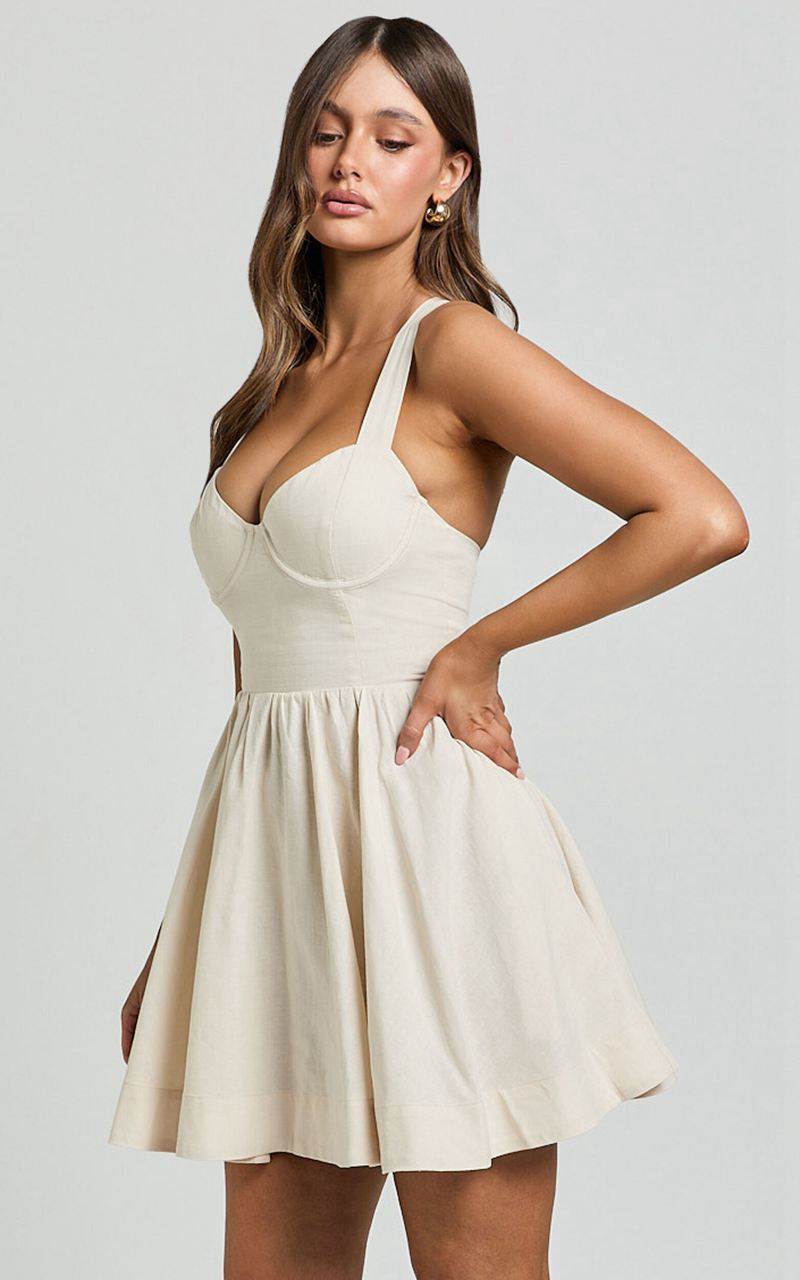 Showpo Cathryn Mini Dress - Cross Back Bustier Linen Blend Dress Stone | CIDSPW236