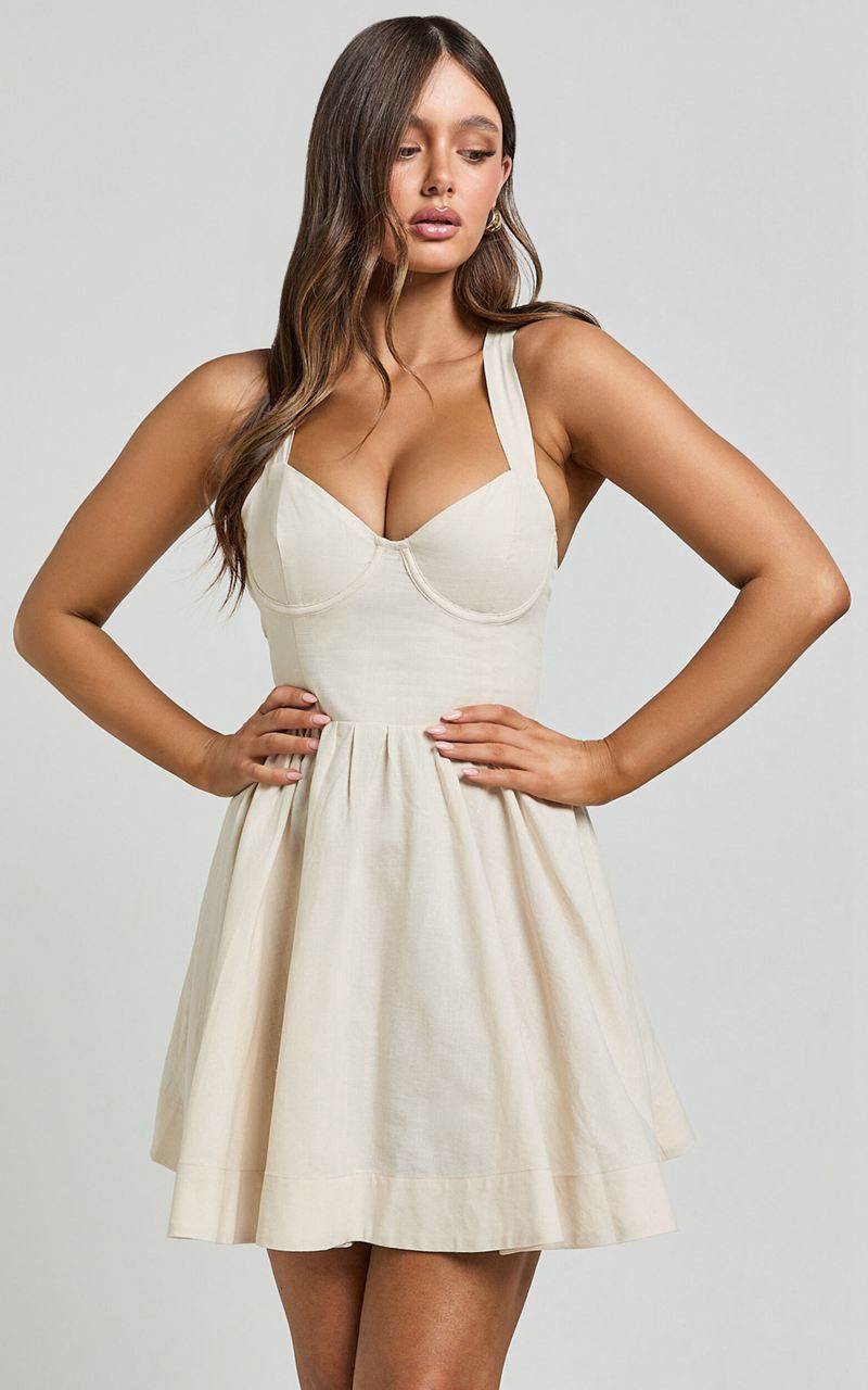 Showpo Cathryn Mini Dress - Cross Back Bustier Linen Blend Dress Stone | CIDSPW236