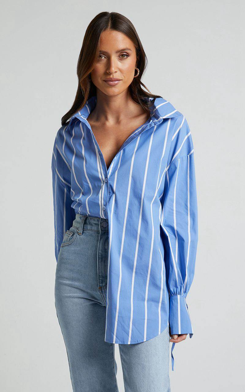 Showpo Cazie Shirt - Tie Cuff Long Sleeve Shirt Light Blue Stripe | XIYBKJ804