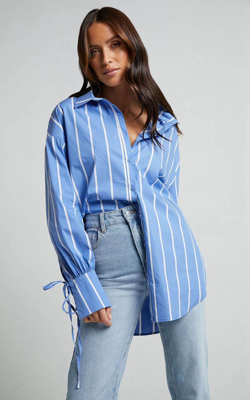 Showpo Cazie Shirt - Tie Cuff Long Sleeve Shirt Light Blue Stripe | XIYBKJ804