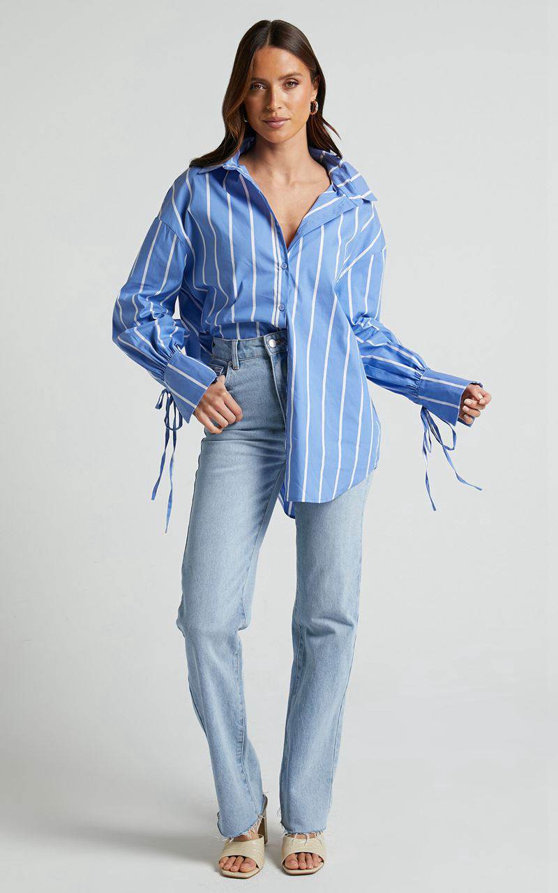 Showpo Cazie Shirt - Tie Cuff Long Sleeve Shirt Light Blue Stripe | XIYBKJ804