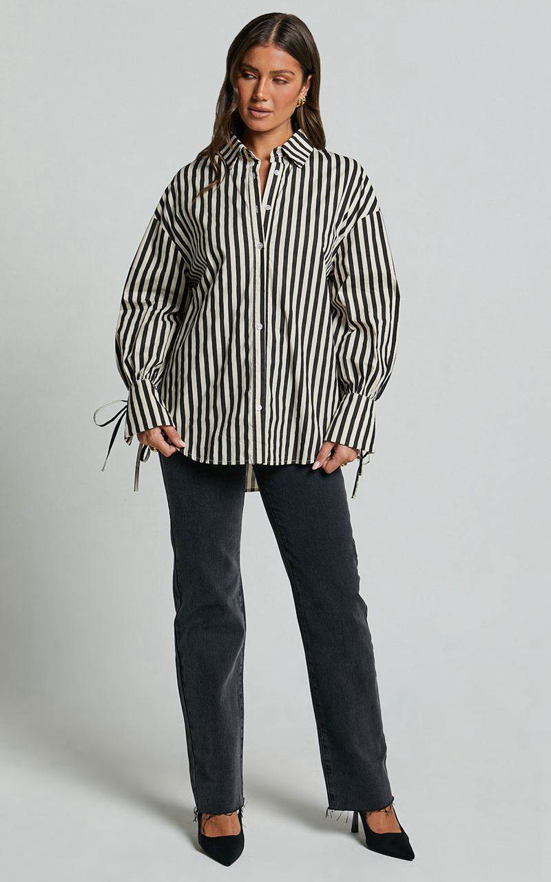 Showpo Cazie Shirt - Tie Cuff Long Sleeve Shirt Black & Cream Stripe | UWHOZL853