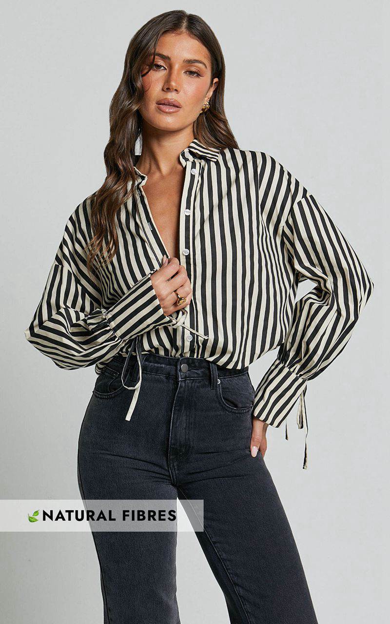 Showpo Cazie Shirt - Tie Cuff Long Sleeve Shirt Black & Cream Stripe | UWHOZL853