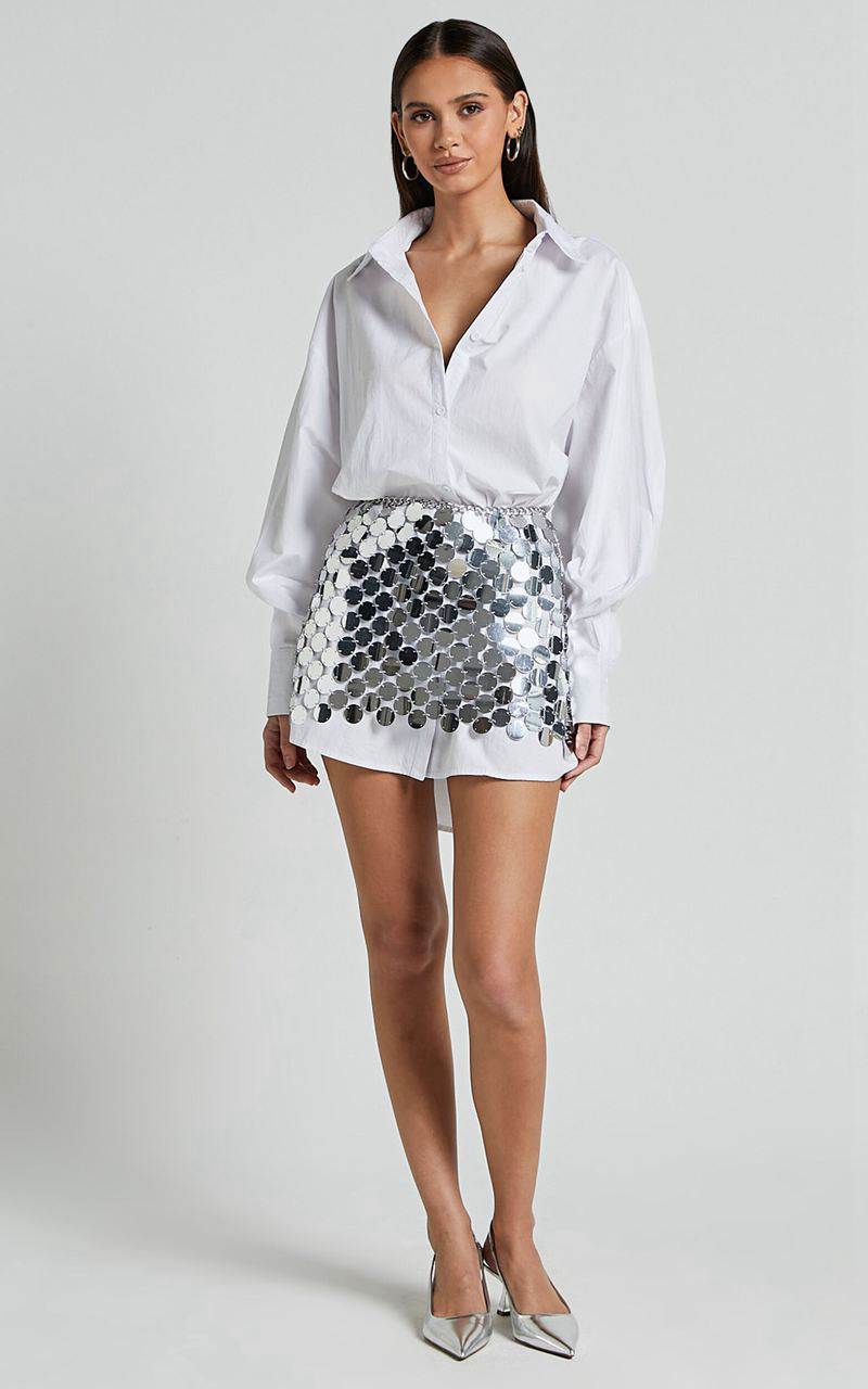 Showpo Cece Mini Skirt - Circle Sequin Bodycon Skirt Silver | CFXAOH403