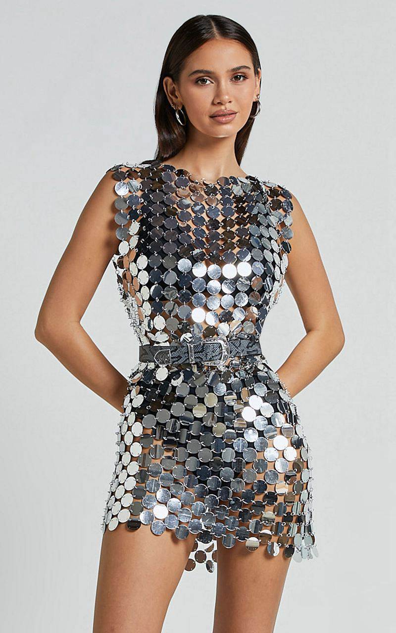 Showpo Cece Mini Skirt - Circle Sequin Bodycon Skirt Silver | CFXAOH403