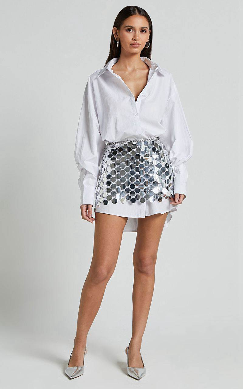 Showpo Cece Mini Skirt - Circle Sequin Bodycon Skirt Silver | CFXAOH403