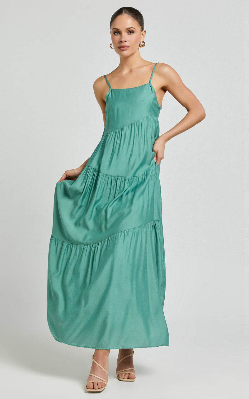 Showpo Cecila Midi Dress - Straight Neckline Sleeveless Dress Sage | HSMBCU659