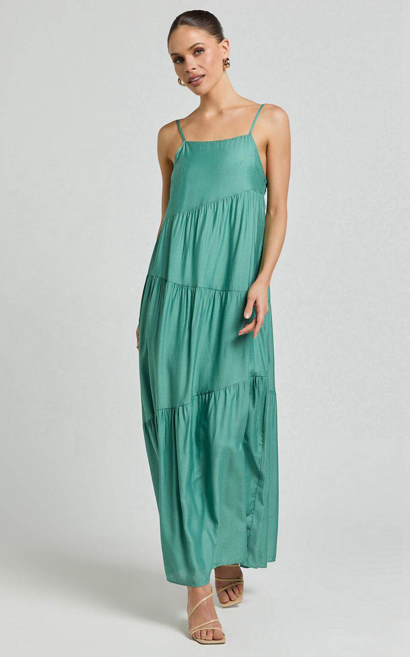 Showpo Cecila Midi Dress - Straight Neckline Sleeveless Dress Sage | HSMBCU659