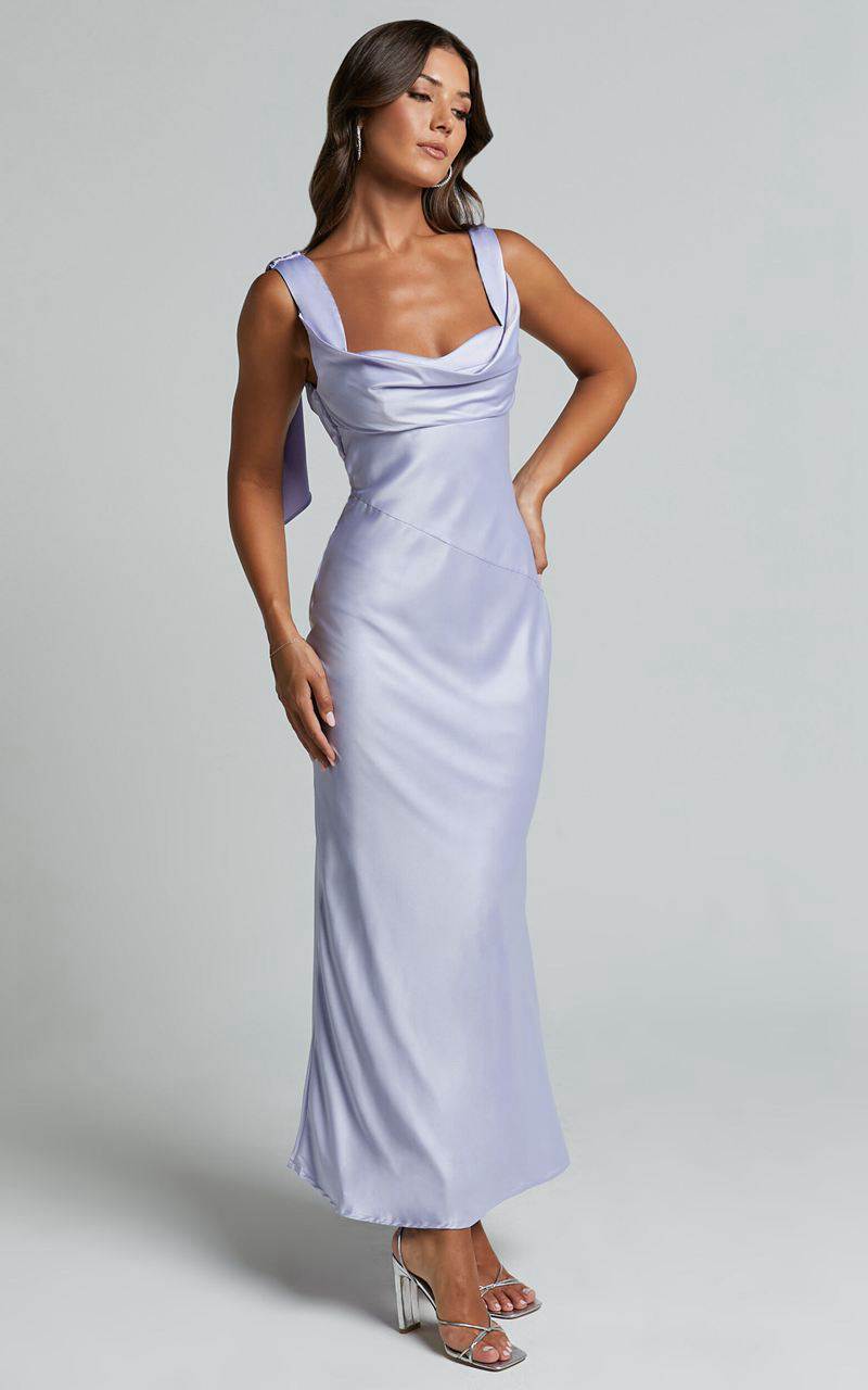 Showpo Cecilia Midi Dress - Cowl Neck Satin Bias Cut Dress Lilac | BKZMJI453