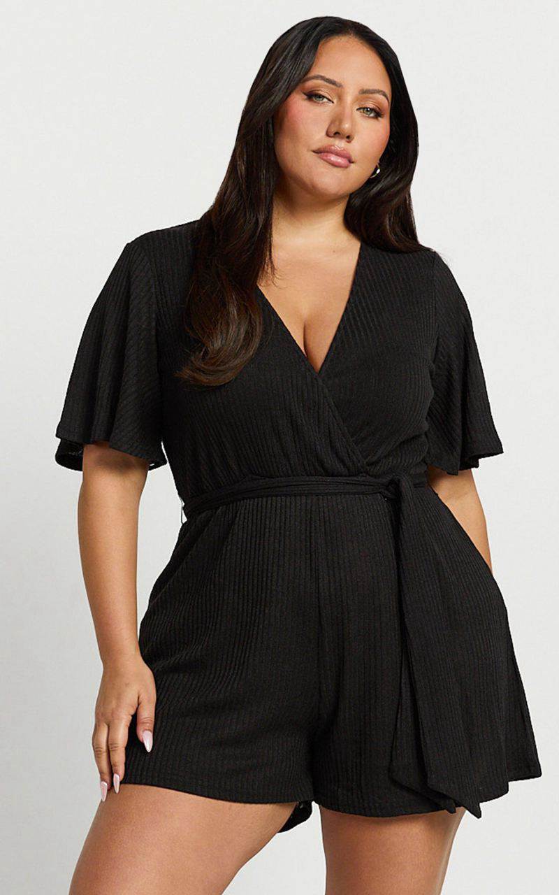 Showpo Cecilia Playsuit - Short Sleeve Belted Wrap Playsuit Black | XPSNVY732