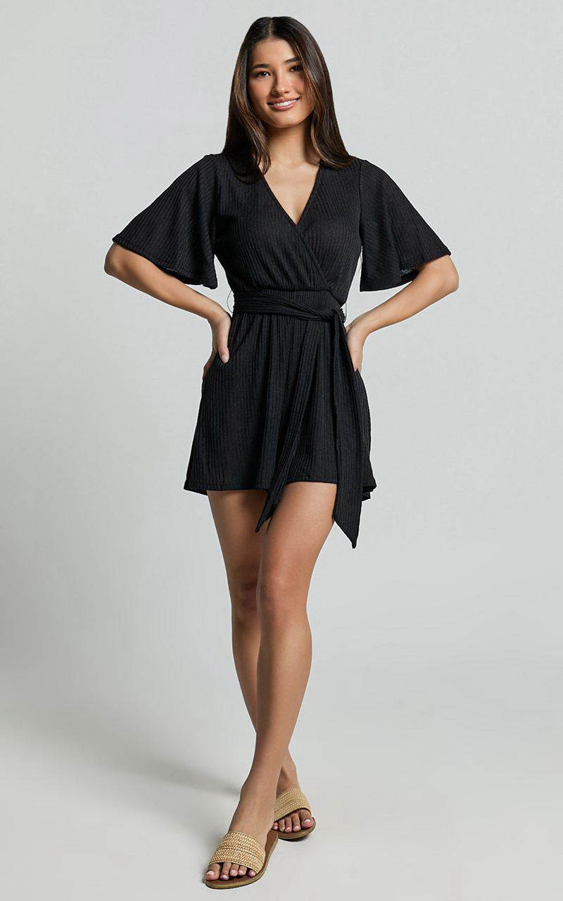 Showpo Cecilia Playsuit - Short Sleeve Belted Wrap Playsuit Black | XPSNVY732