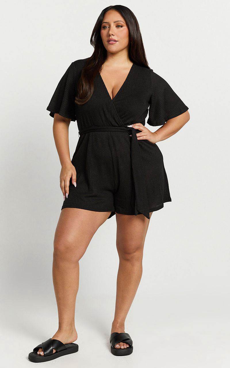 Showpo Cecilia Playsuit - Short Sleeve Belted Wrap Playsuit Black | XPSNVY732