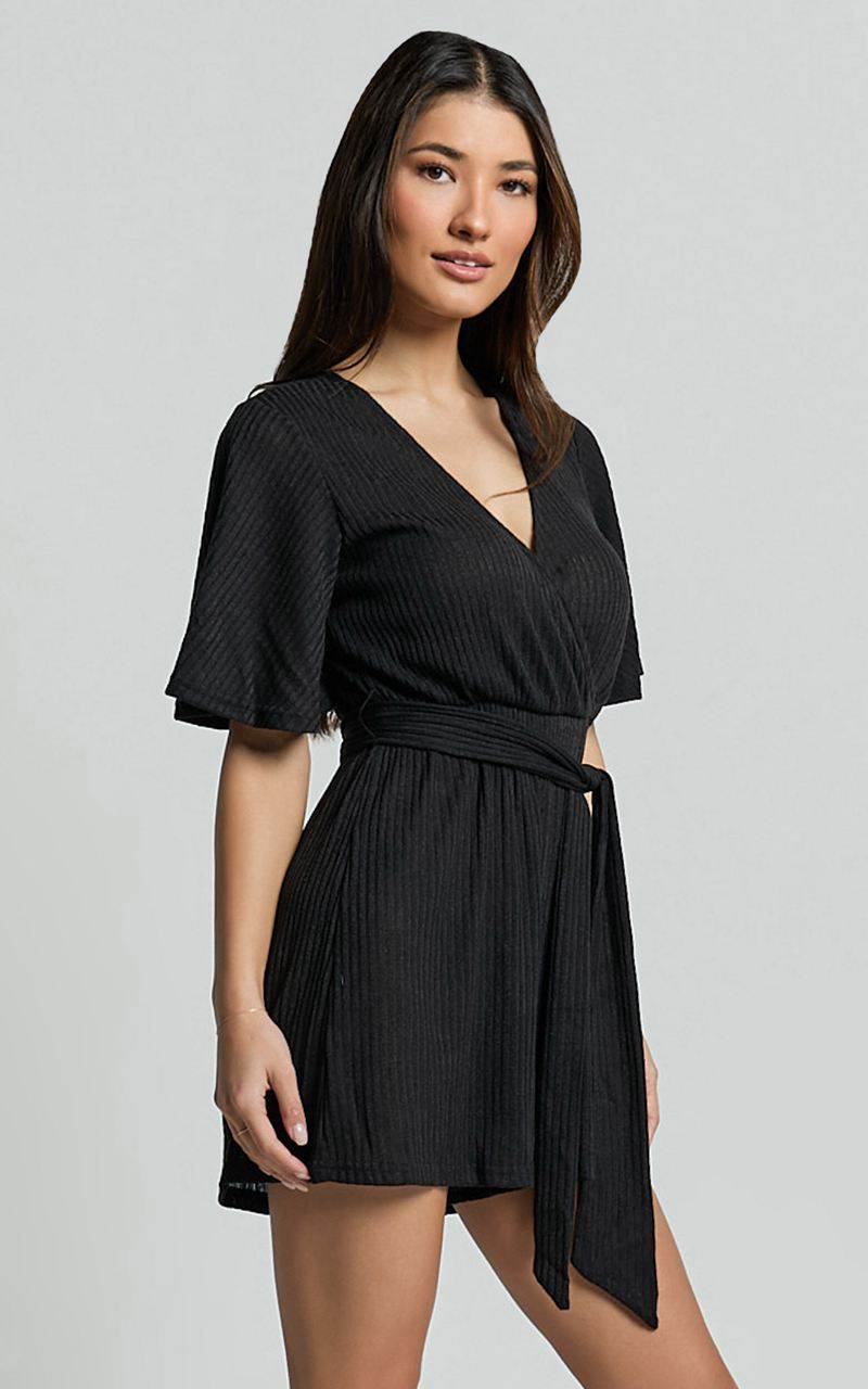 Showpo Cecilia Playsuit - Short Sleeve Belted Wrap Playsuit Black | XPSNVY732