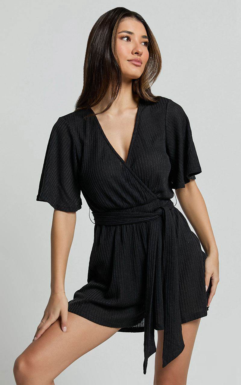 Showpo Cecilia Playsuit - Short Sleeve Belted Wrap Playsuit Black | XPSNVY732