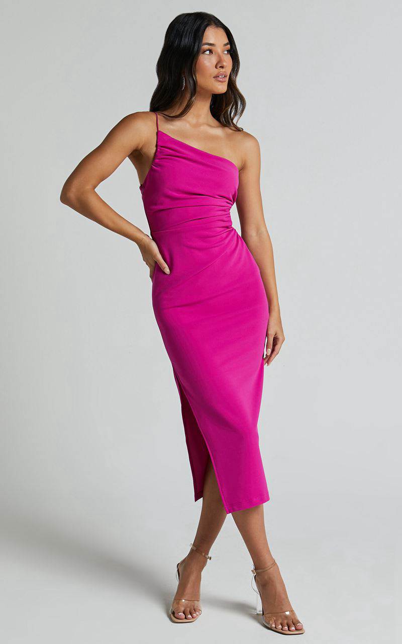 Showpo Cedrych Midi Dress - Side Cut Out Asymmetric Bodycon Dress Fuschia | DKHIFX820