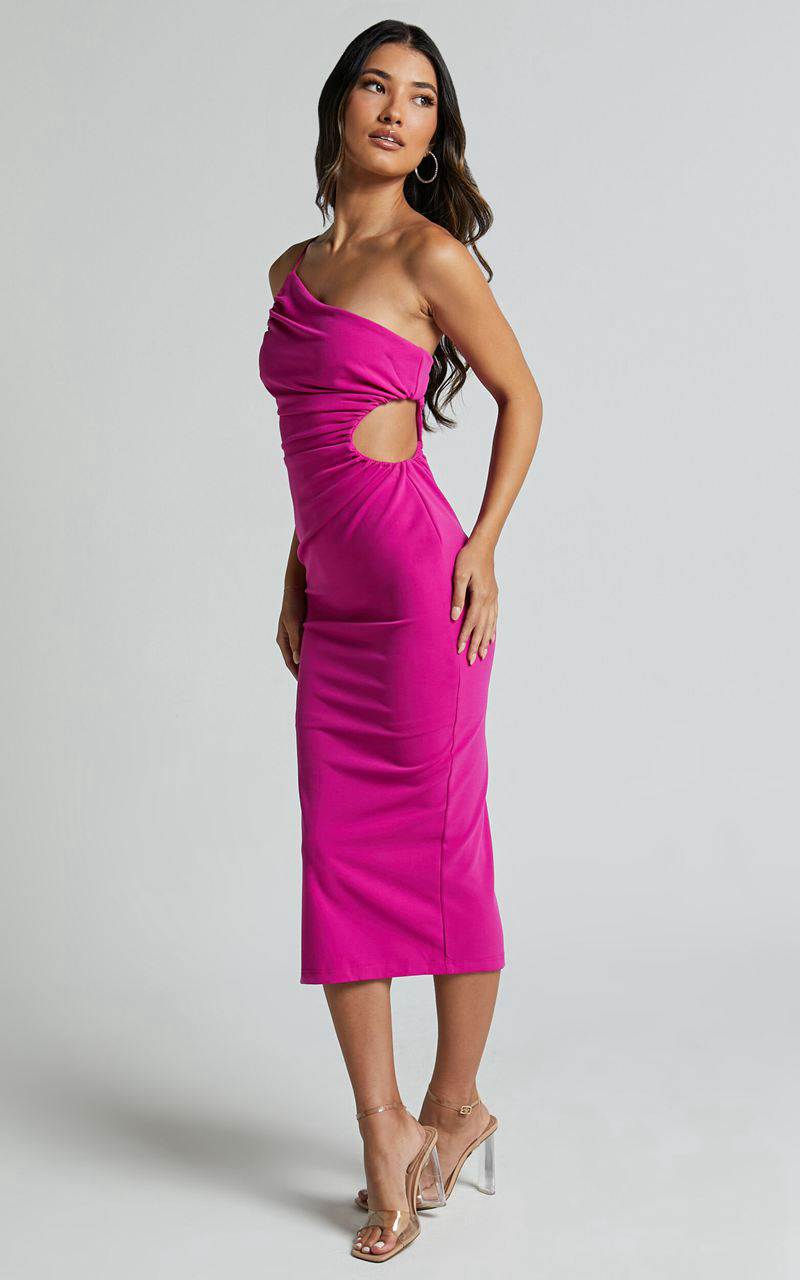 Showpo Cedrych Midi Dress - Side Cut Out Asymmetric Bodycon Dress Fuschia | DKHIFX820