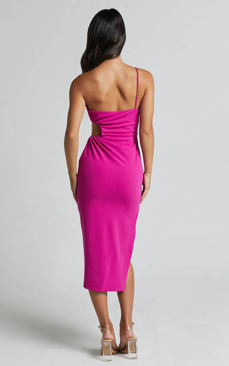 Showpo Cedrych Midi Dress - Side Cut Out Asymmetric Bodycon Dress Fuschia | DKHIFX820