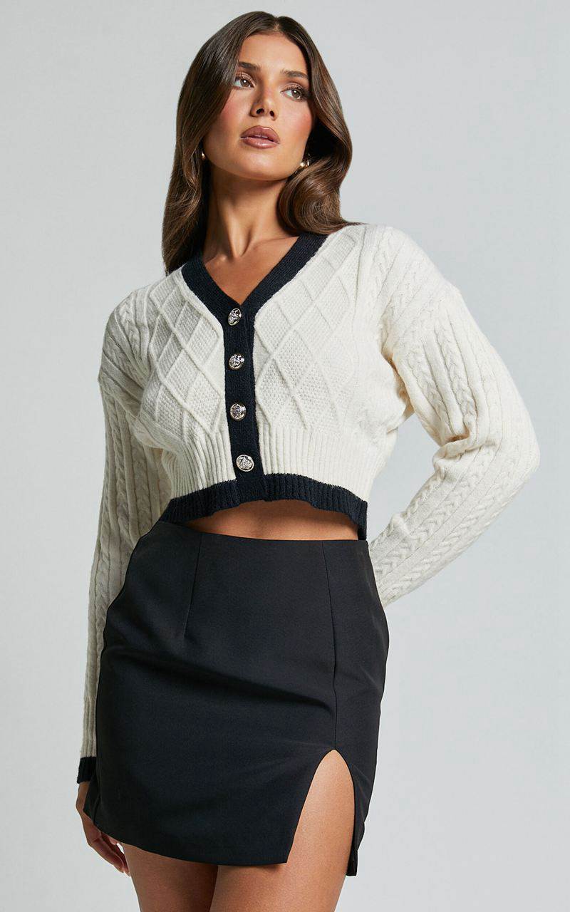 Showpo Celeste Cardigan - Cable Contrast Knit Button Through Cardigan Black & Cream | CGPSZY367