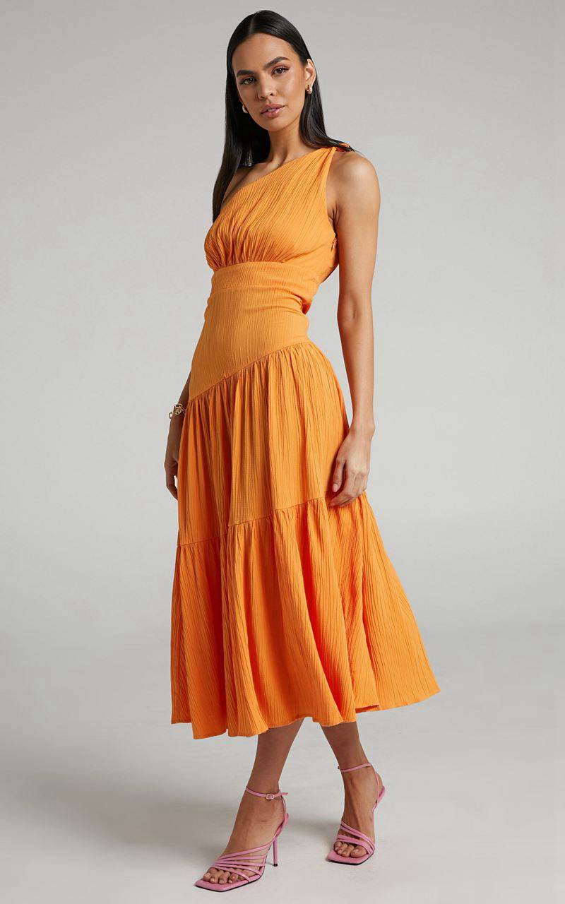 Showpo Celestia Midi Dress - Tiered One Shoulder Dress Mango | KSVERI862