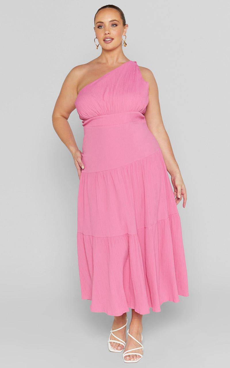 Showpo Celestia Midi Dress - Tiered One Shoulder Dress Bright Pink | HCXSAG805