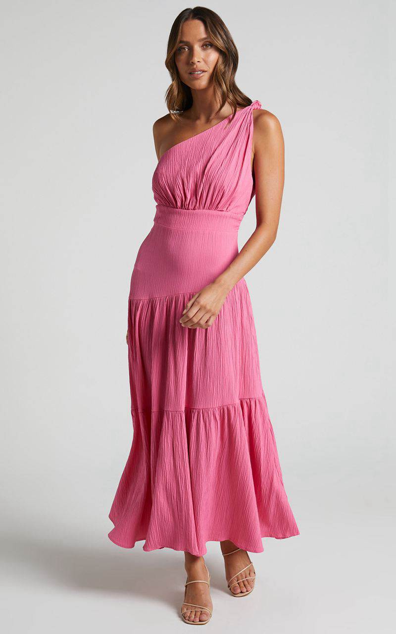 Showpo Celestia Midi Dress - Tiered One Shoulder Dress Bright Pink | HCXSAG805