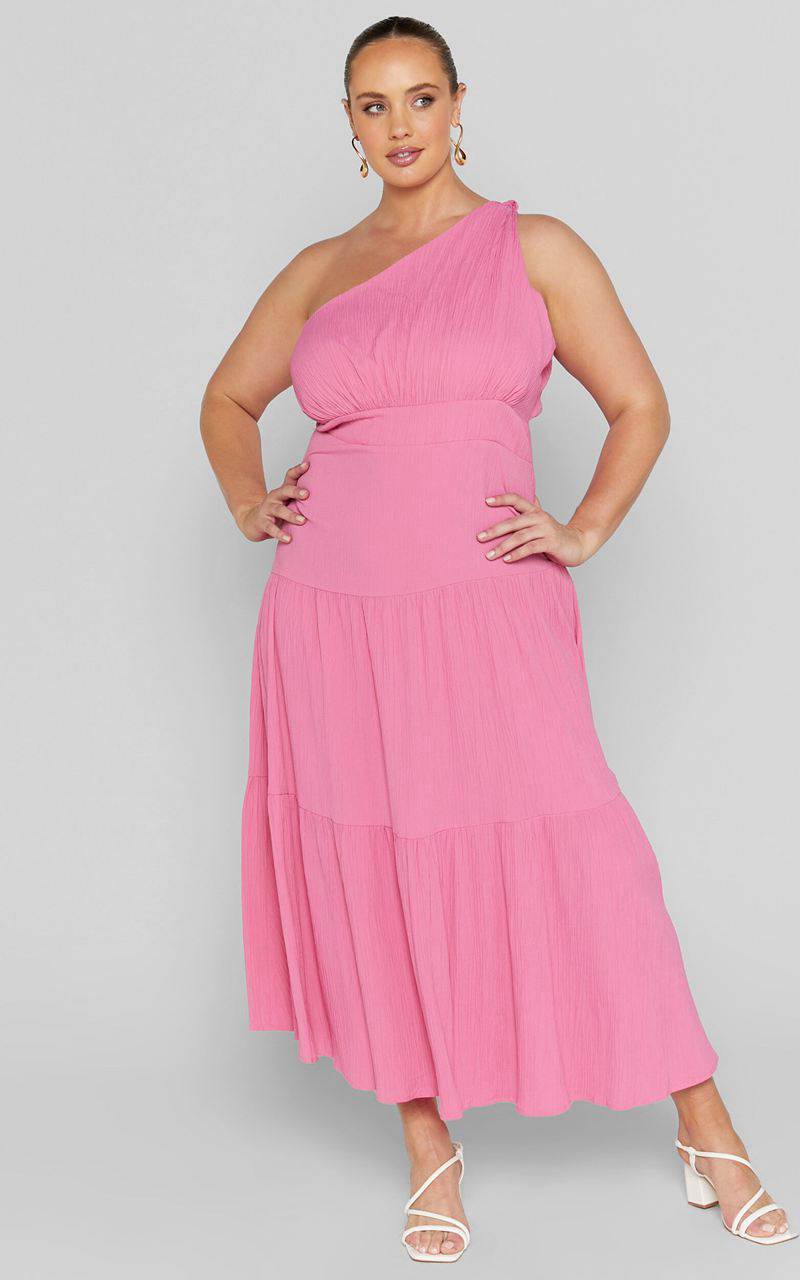 Showpo Celestia Midi Dress - Tiered One Shoulder Dress Bright Pink | HCXSAG805