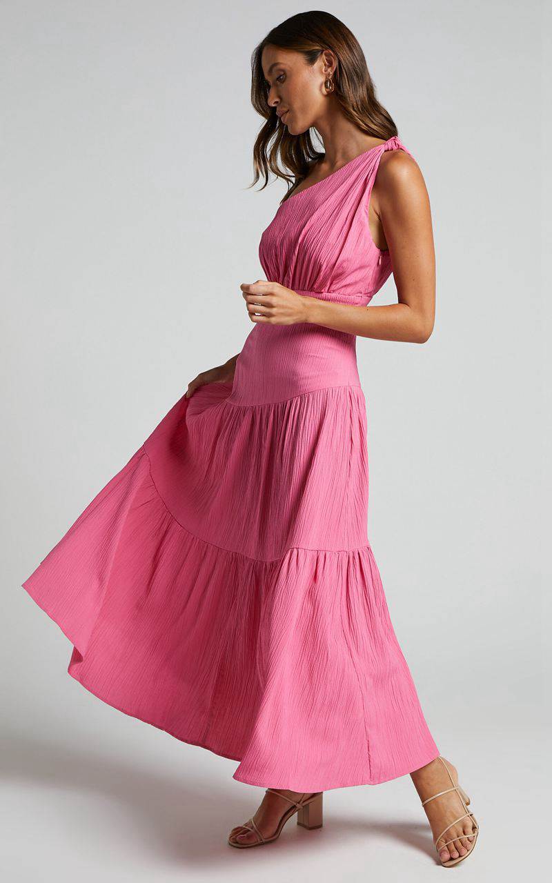 Showpo Celestia Midi Dress - Tiered One Shoulder Dress Bright Pink | HCXSAG805