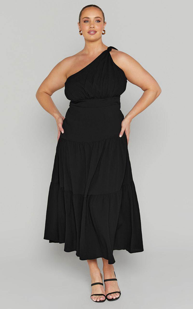 Showpo Celestia Midi Dress - Tiered One Shoulder Dress Black | CMKJNU461