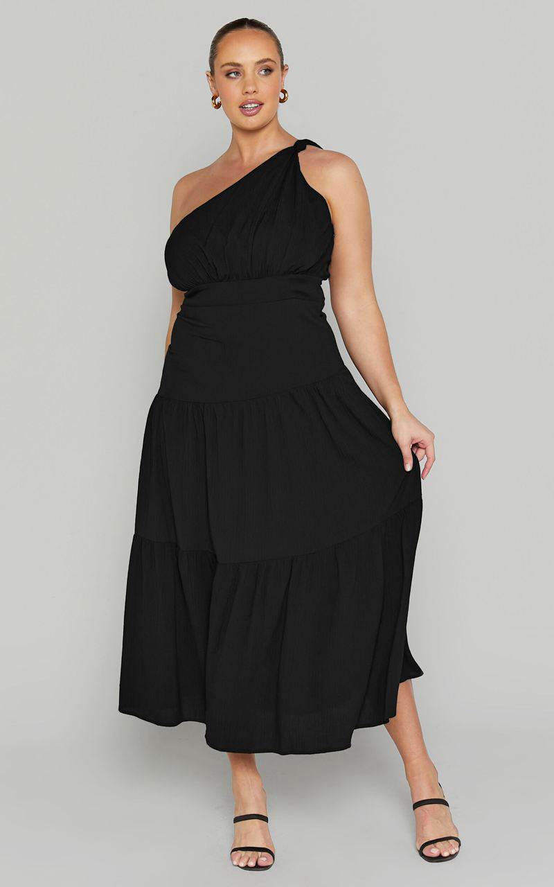 Showpo Celestia Midi Dress - Tiered One Shoulder Dress Black | CMKJNU461