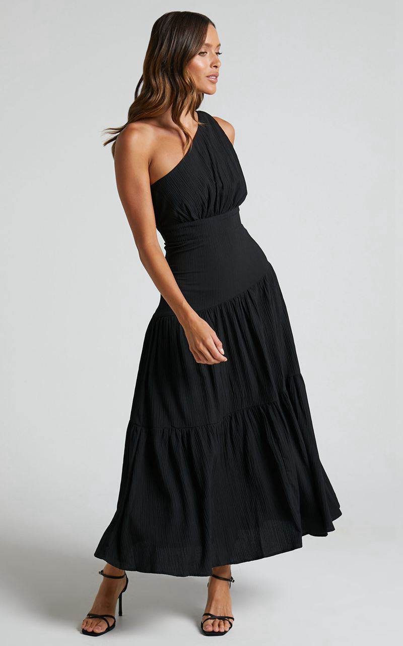 Showpo Celestia Midi Dress - Tiered One Shoulder Dress Black | CMKJNU461