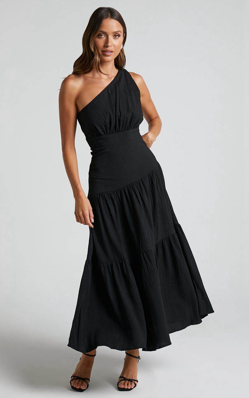 Showpo Celestia Midi Dress - Tiered One Shoulder Dress Black | CMKJNU461