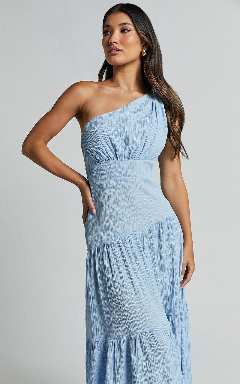 Showpo Celestia Midi Dress - Tiered One Shoulder Dress Soft Blue | DSCOQK541