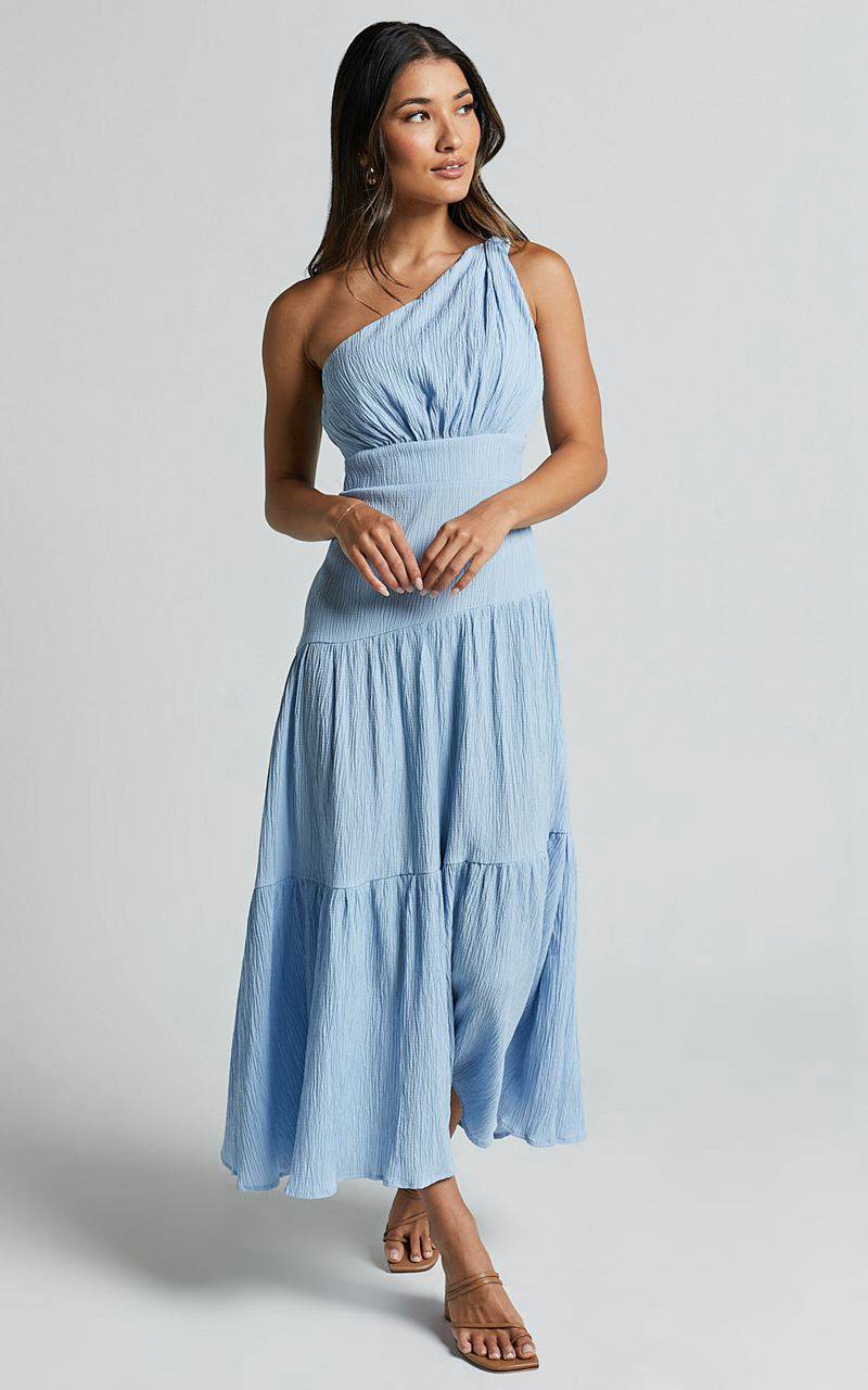 Showpo Celestia Midi Dress - Tiered One Shoulder Dress Soft Blue | DSCOQK541