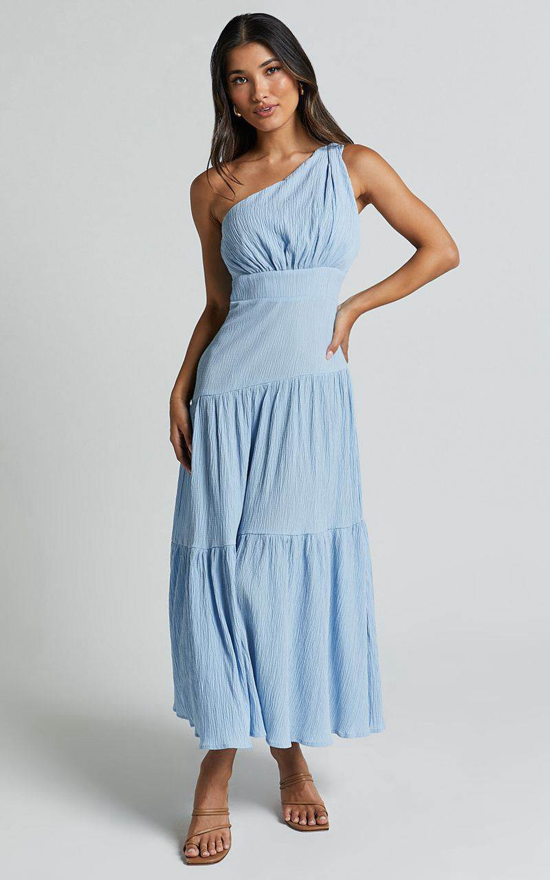 Showpo Celestia Midi Dress - Tiered One Shoulder Dress Soft Blue | DSCOQK541