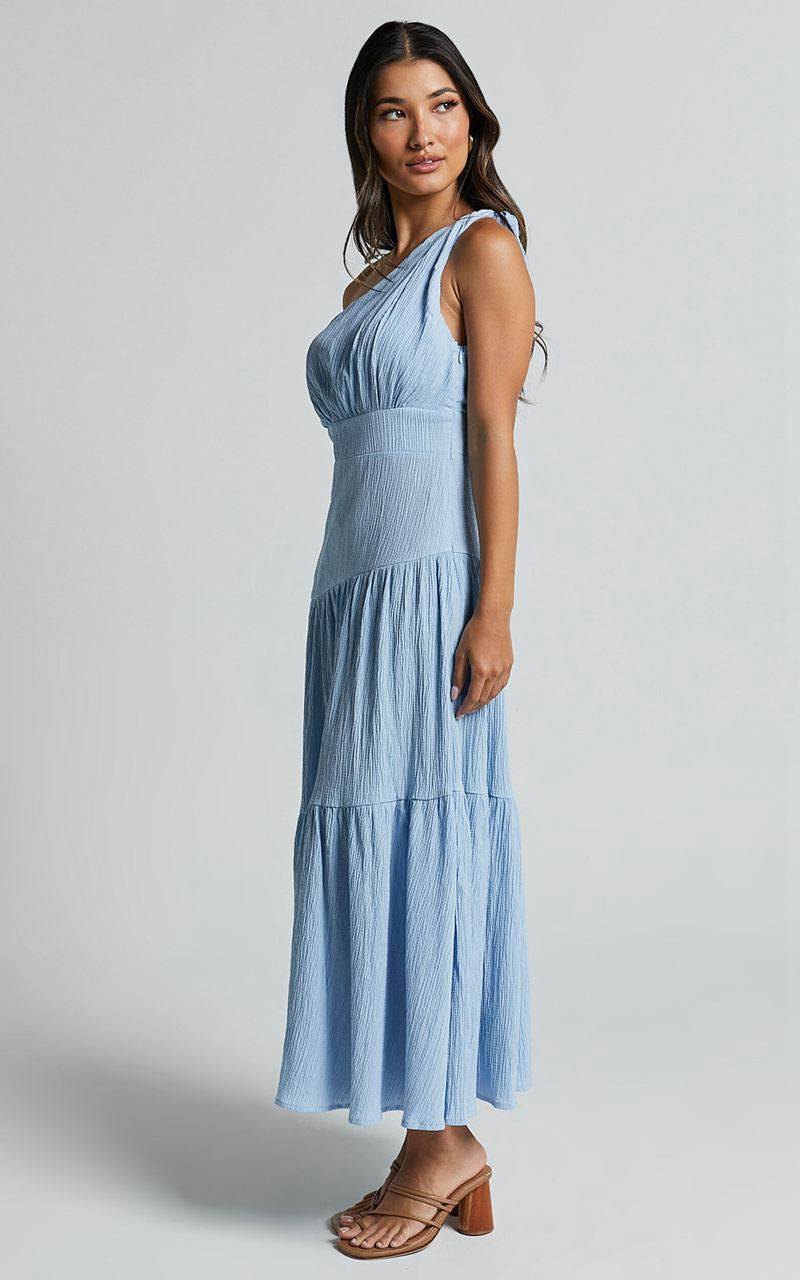 Showpo Celestia Midi Dress - Tiered One Shoulder Dress Soft Blue | DSCOQK541