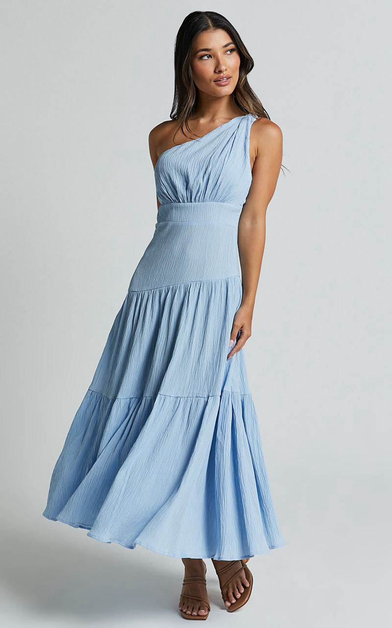 Showpo Celestia Midi Dress - Tiered One Shoulder Dress Soft Blue | DSCOQK541